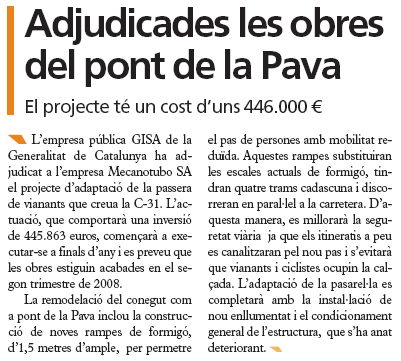 Notícia publicada al periòdic municipal de Gavà (El Bruguers) sobre l'adjudicació de les obres del pont de la pava (25 d'octubre de 2007)